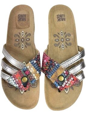 Muk Luks Wedge Slide Sandals Strappy Sequin Boho Cork Size 10 Coastal Resort